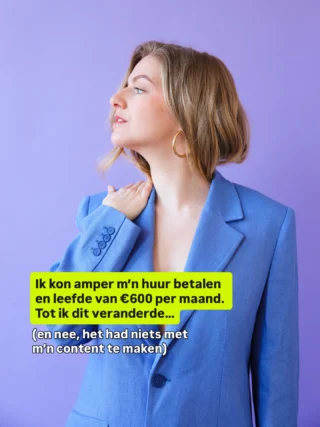 Toen ik vier jaar geleden begon met ondernemen verdiende ik zo’n 500-600 euro per maand.

Daarvan kon ik net de huur betalen en de rest van kosten werden betaald door DUO (m’n studielening) en later door een bijbaantje.

Ik heb meerdere keren gedacht ‘laat ik maar weer in loondienst gaan’ maar ik deed het niet.

Nu keek ik afgelopen maand naar m’n omzet en zag ik dat ik nu al meer heb verdiend dan in heel 2024.

🙏🏼 Ik heb vorig jaar een huis kunnen kopen, kan op vakantie gaan zonder m’n vriend daarna te moeten terugbetalen en het belangrijkste: ik voel me financieel zeker.

Nu zou ik kunnen zeggen dat dat allemaal door m’n content komt. En ja, dat ik weet hoe je winstgevende content maakt heeft zeker bijgedragen. 

Maar eigenlijk was er 1 ding dat me echt verder heeft geholpen. In de carrousel vertel ik je wat.

💛 In mijn groepsprogramma leer ik ondernemers hoe ze content maken die meer oplevert, zonder daar meer tijd aan kwijt te zijn.

Maar eigenlijk gaat het zoveel verder dan dit.

Binnenkort open ik de deuren weer. Wil je een exclusieve korting ontvangen en als eerste toegang krijgen?

➡️ Reageer dan met “WACHTLIJST” om jezelf op de wachtlijst te zetten. 

Alleen daar deel ik de aanbieding ;)